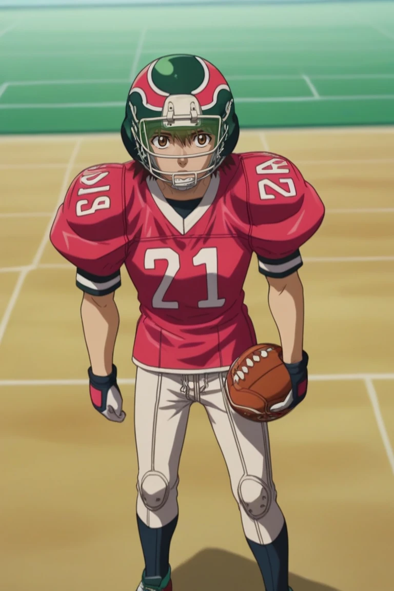 score_9, score_8_up, score_7_up, score_6_up, masterpiece, best quality, amazing quality, best aesthetic, absurdres, intricate details, sena kobayakawa, brown hair, brown eyes, american football uniform, 1boy, male focus, helmet, solo, sportswear, gloves, ball, white pants<lora:EMS-450953-EMS:1.000000>