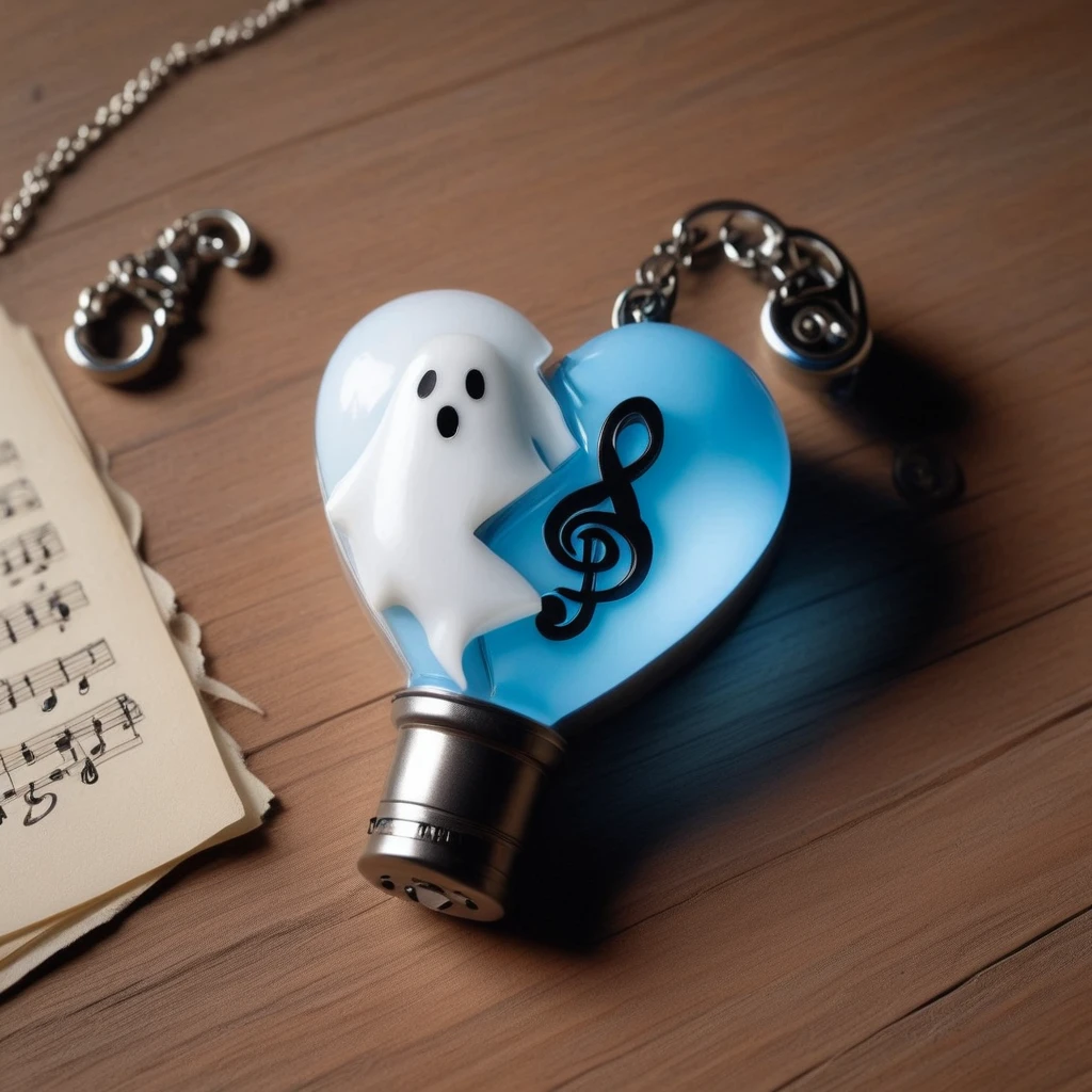 <lora:SplitHeartSDXL:1>SplitHeart, vellum heart, (Ghost flashlight:1.5)|(Treble clef:1.5), bluebear fat chain, wooden background