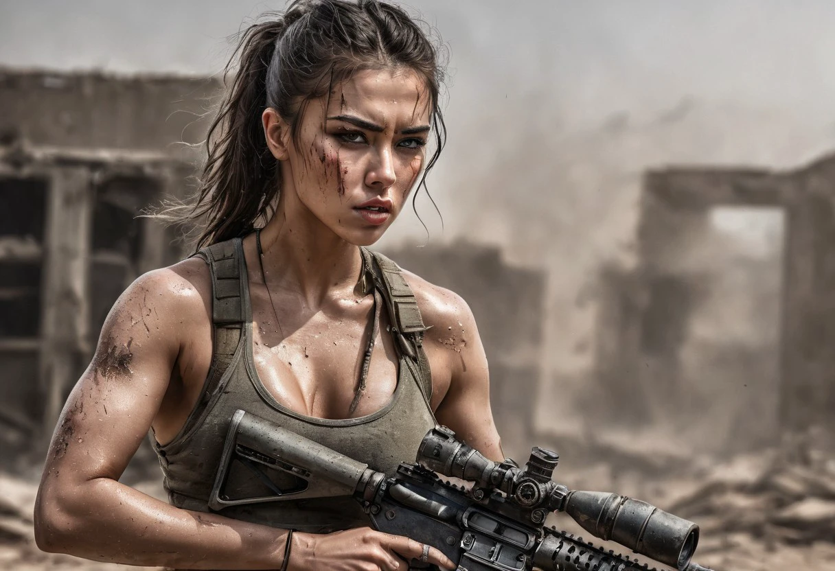 super realistic image with ultra high quality and correct anatomy of the perfect (very sexy female warrior) in various dynamic poses, photorealism, with sharpness in focus, clean and anatomically correct face and limbs, torn clothes, hands raised behind the head, captured and an enemy soldier has aimed a machine gun at his head