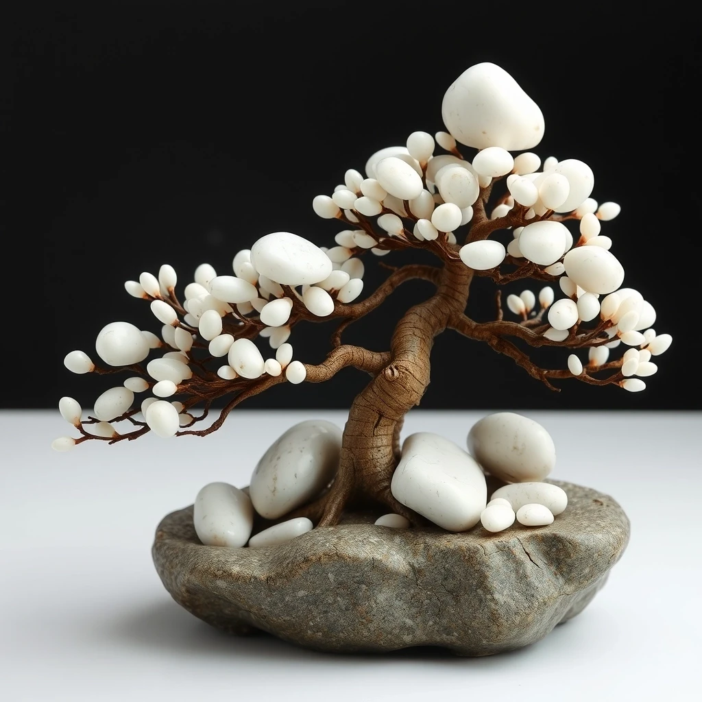 a bonsai made entirely of white zen garden stones,glossy,various sizes