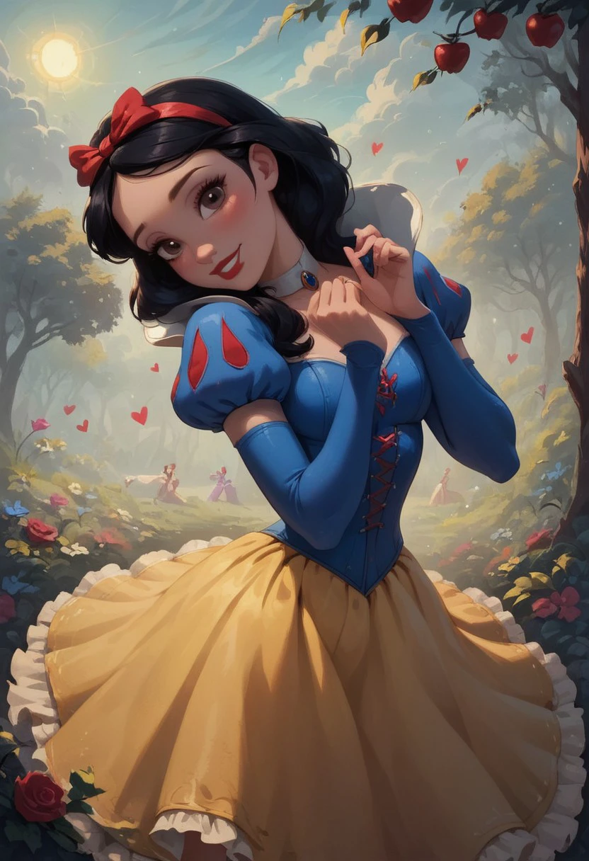 score_9, score_8_up, score_7_up, score_6_up, score_5_up, score_4_up, sexy girl, 1girl, Snowwhite, Disney, \(Snow White and the Seven Dwarfs\)/,(ultra HD quality details), brown eyes, black hair, bobbed hair, pale skin, blue sleeves with red slashing, puffy sleeves, yellow skirt, laced petticoat, dress, white collar,
 makeup, red lipstick, red hair bow, modest smile, modest look, seducing viewer, hearts, posing, sexy pose, solo, hairband, large saggy boobs, fantasy forest, apple tree, submission, flowers, sun light, cinematic lightings