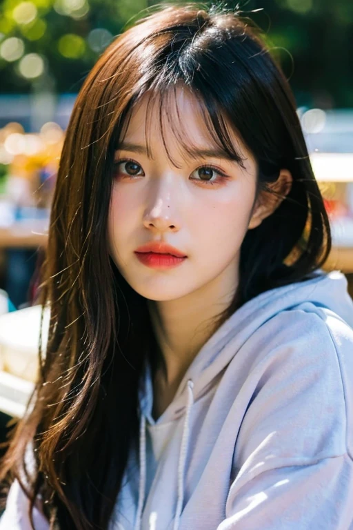 masterpiece, best quality, ultra-detailed, ultra high res, (photorealistic:1.4), raw photo, (realistic:0.2), 8k HDR, realistic lighting, looking at viewer, 1girl, solo, asymmetrical hair, outdoor, sky, (traditional market:1.2), bokeh, (detailed lips), (detailed pores), (detailed skin textures), (detailed face:1.2), (body:1.2), a woman in a hoodie, cowboy shot,