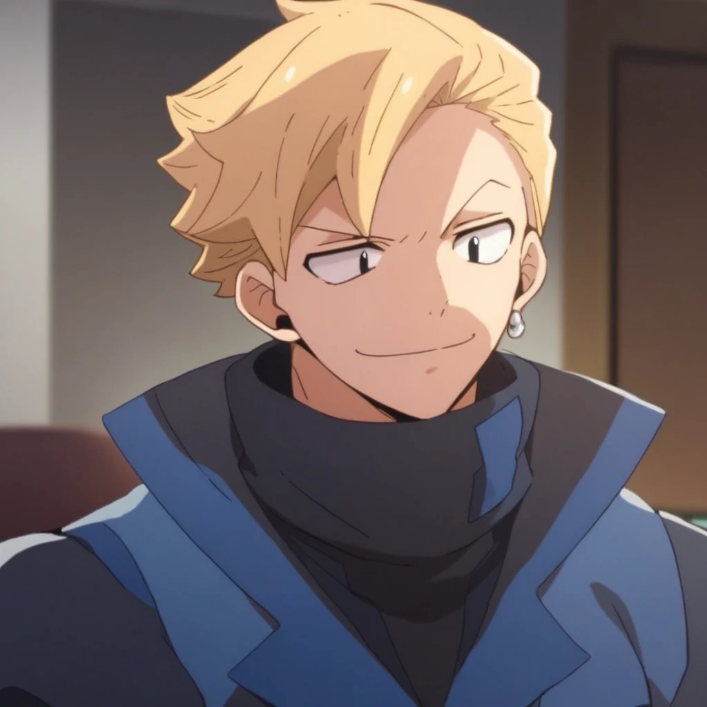 score_9, score_8_up, score_7_up, source_anime, 1boy, solo, weisz_steiner, blonde hair, earrings, black eyes, upper body, smile, indoors