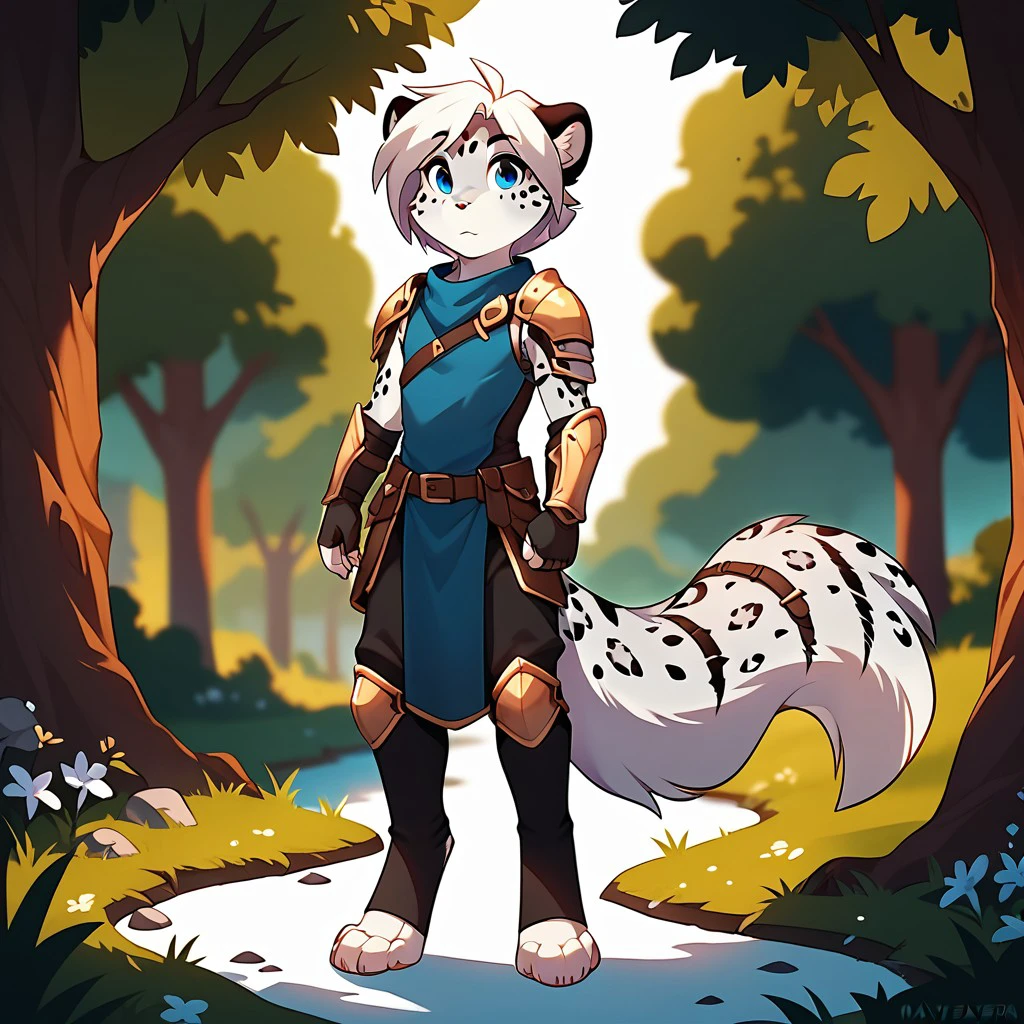 score_9,score_8_up,score_7_up,score_6_up,score_5_up,score_4_up,source_furry, maevetk, anthro, female, snow leopard, young, blue eyes, white hair, ahoge, furry,flat chested,1girl,detailed fur, detailed background, outside,  young anthro, digitigrade, barefoot,  armor, , <lora:37de695d-9a33-4dab-b796-c083e8af4c2c:0.7>