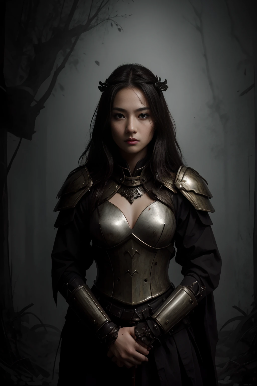 Horror-themed, <lora:samurai style SD1.5:1.2> an epic cinematic photo of opt-ad3l1n3rud01ph <lora:opt-adelinerudolph:0.6>, brown hair, brown eyes, in a legendary armor, perfect hands, female samurai style, Eerie, unsettling, dark, spooky, suspenseful, grim, highly detailed,  haunted arabian palace