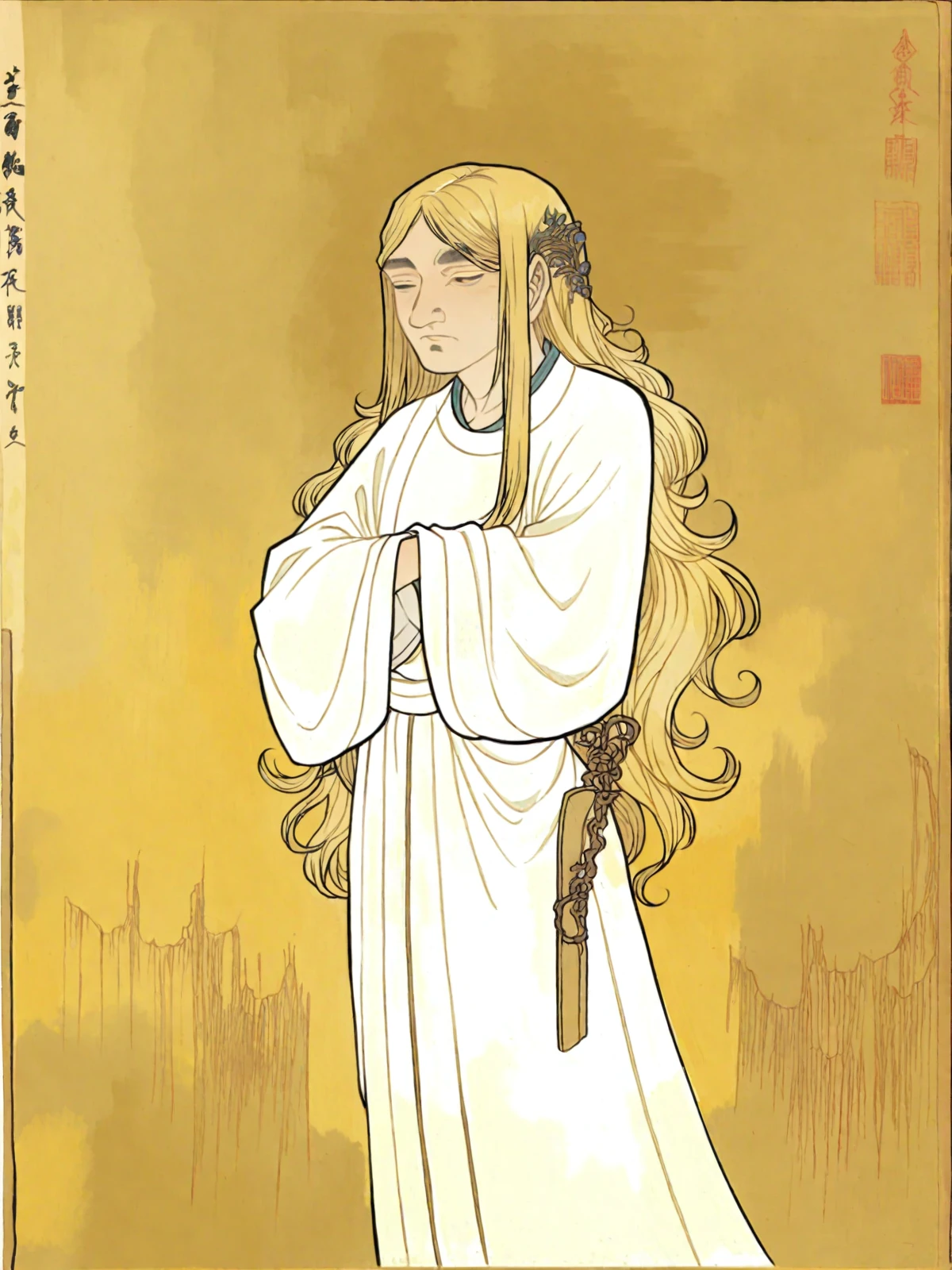 ink and wash painting \(style\) shan shui \(genre\) <lora:tang2song_pony_v1:1.0> created in the tang to song dynasty,  traditional media, 	 <lora:miqeulla:0.75> miquella long hair, 1boy, blonde hair, male focus, white robe, androgynous, score_9, score_8_up, rating_safe,general