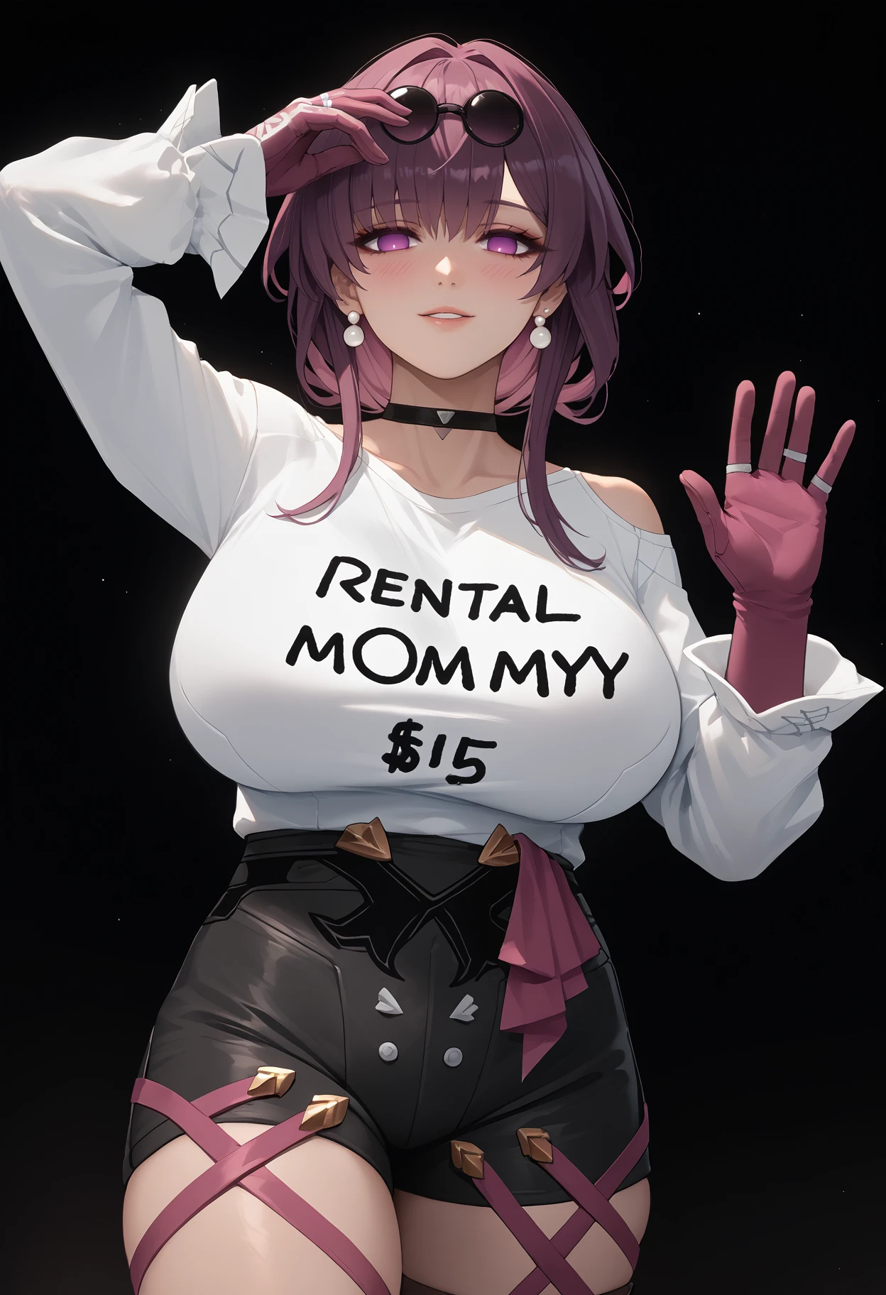 score_9, score_8_up, score_7_up, source_anime BREAK 1girl, solo, <lora:rentalmommy-outfit-richy-v1_pdxl:1> "rental mommy", clothes writing, white shirt, t-shirt, huge breasts, looking at viewer, standing, <lora:kafka-hsr-richy-v1_pdxl:1> kfka, purple eyes, purple hair, bangs, sidelocks, eyewear on head, earrings, white shirt, long sleeves, purple gloves, black shorts, high-waist shorts, purple thigh straps, pantyhose, single thigh boot, no pupils, black choker, rings, bare shoulders, pearl earrings, armband, waving, seductive smile, blush, looking at viewer, parted lips, science fiction, fantasy, dark, darkness, black background, night