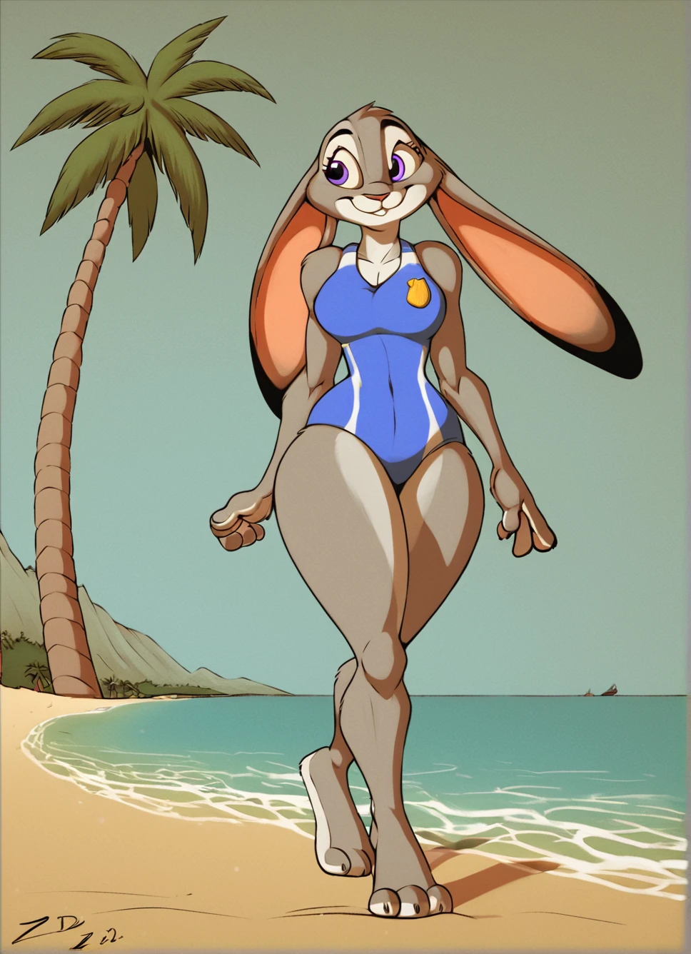 score_9, score_8_up, score_7_up, source_furry, ((masterpiece)), best quality, 1girl, solo, standing, walking, (anthro), (zp92, detailed background, beach:1.2, island, palms), (full body, smile face), judy hopps, huge humanoid long feet, barefoot, swimming suit, 