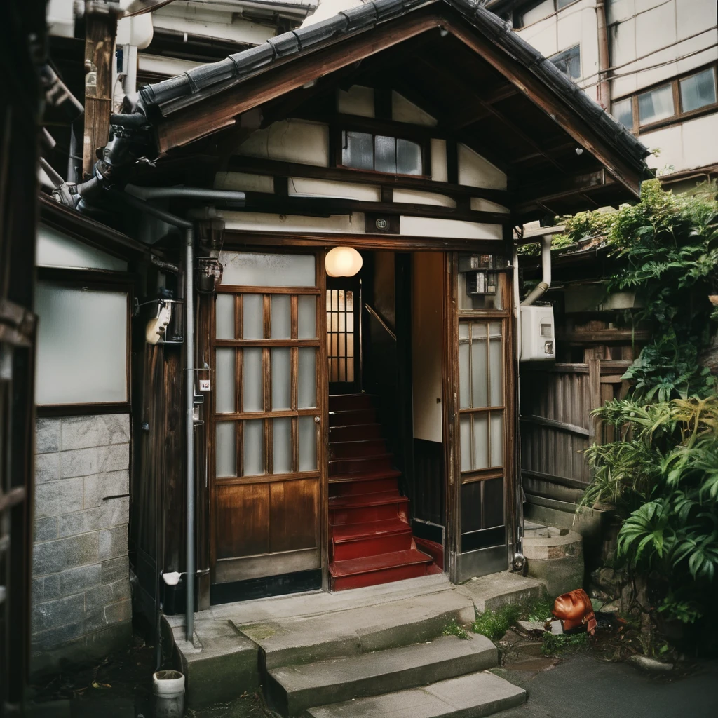 raw photo,indoors,perspective,retro,entrance,film photograpy,retro,film grain,blurry background,japan oldstyle house,showa,<lora:Showa_Atmosphere:1>