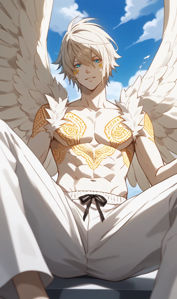 score_9, score_8_up, score_7_up, score_6_up, score_5_up, score_4_up, source_anime, 1boy, porcelain white skin, azure blue eyes, intricate yellow body tattoo, (yellow facial marks on both cheeks), large white feathered wings, abs, looking at the viewer, cloud background, wearing white sweatpants, floating while sitting on the air, OverallDetailXL, <lora:balta:0.8>