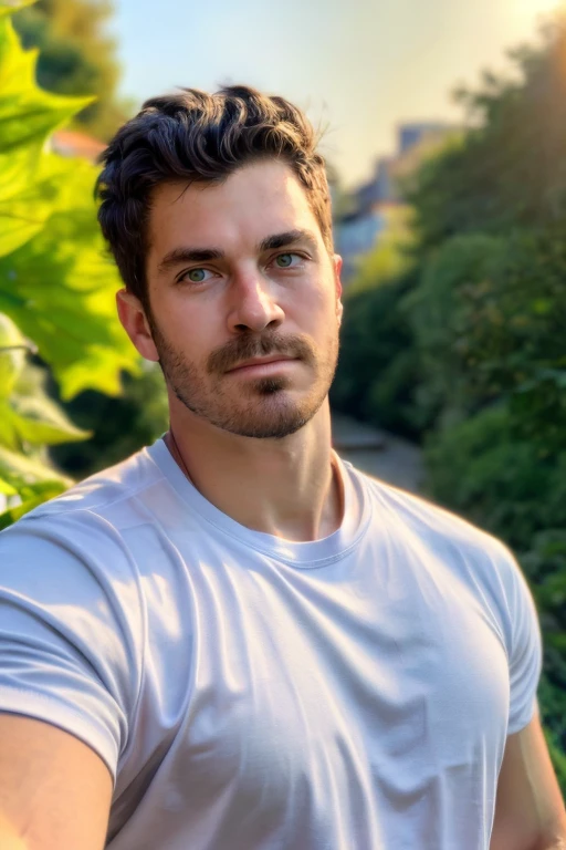 RAW photo, photograph of guy, ( face focus:1.5)  portrait, (facial hair) High resolution handsome guy, highly detailed, white t-shirt, (look at viewer) natural morning, sunburnt, <lora:austinmartin:0.8> austinmartin, blurry background, summer vibes, <lora:add_detail:0.7> outdoors, leaf garden behind,, (masterpiece,best quality:1.5)