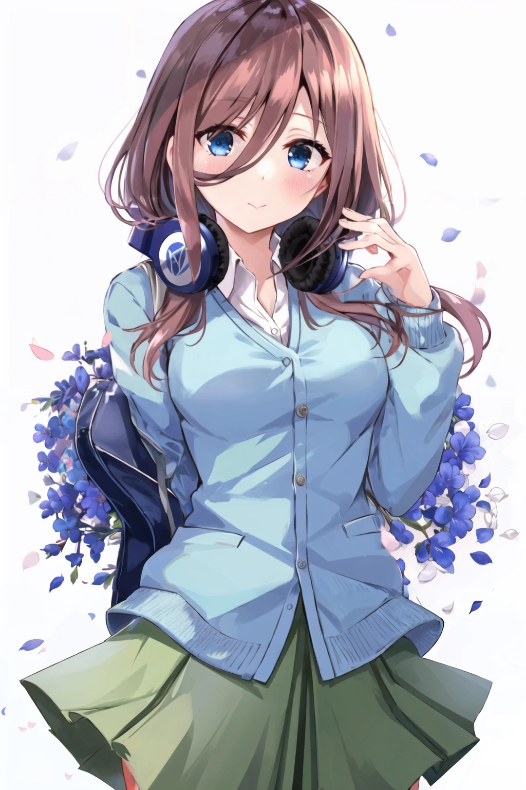 1girl,nakano miku,solo,headphones around neck,blue cardigan,green skirt,looking at viewer,breasts,petals,closed mouth,blush,white shirt,bangs,cowboy shot,blue flower,arm behind back,hand up,medium breasts,flower,white background,buttons,school uniform,
masterpiece,best quality,<lora:NakanoMiku v2.0:0.8>,library,bookshelf,school_bag,open_book,book,book_stack,