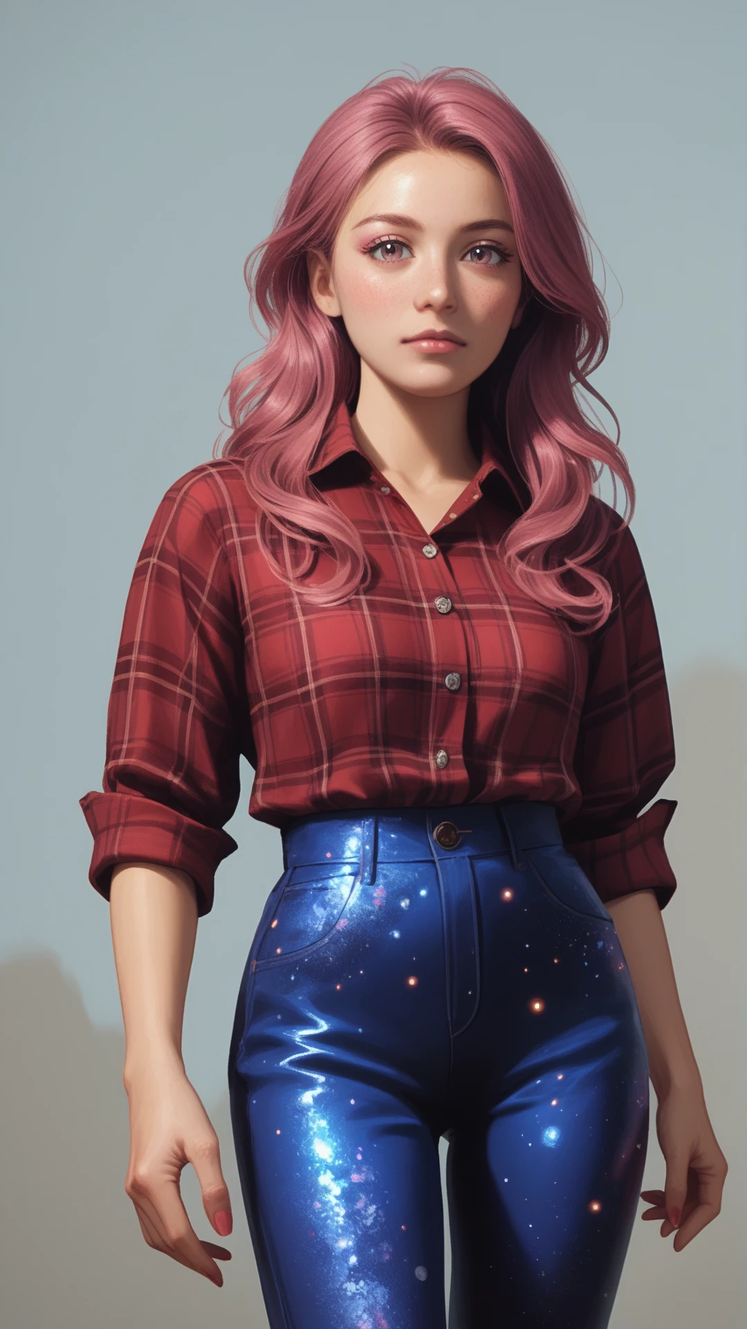 score_9, score_8_up, score_7_up, score_6_up,<lora:CosmicStylePDXL:1> woman wearing cosmic pattern glitter CosmicStyle Shirred waist pants, Flannel shirt, shiny