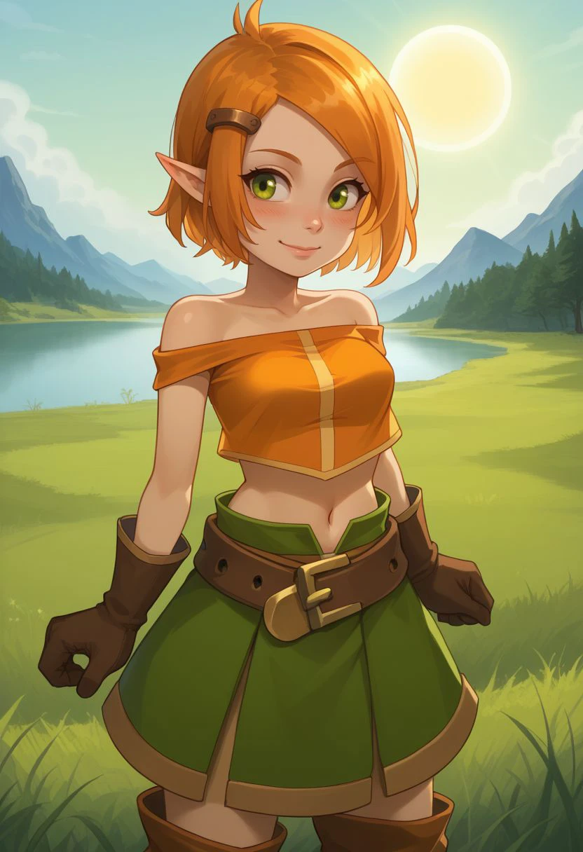 score_9, score_8_up, score_7_up, source_anime, 1girl, cradef, small breasts, green eyes, orange hair, short hair, pointy ears, hairclip, hair ornament, bare shoulders, orange crop top, midriff, navel, brown gloves, belt, green skirt, boots, brown footwear, tall female, standing, closed mouth, smile, blush, looking at viewer, outdoors, grass, nature, lake, mountain in the background, sun, cowboy shot, facing viewer, upper body, <lora:Cra_v1-000010:1>