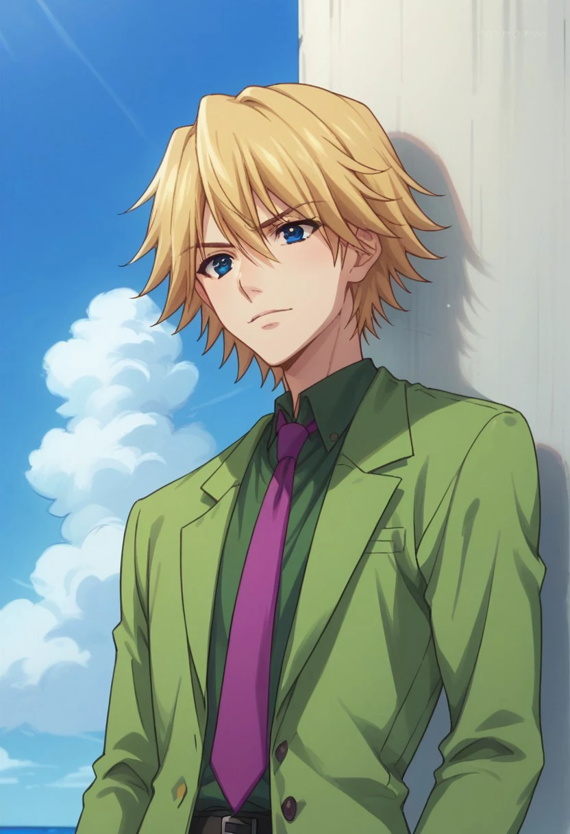 score_9, score_8_up, score_7_up, source_anime, highly detailed,
KaiNijuuri, solo, 1boy, male focus, blonde hair, necktie, purple necktie, blue eyes, shirt, green shirt, white pants, upper body
outdoor, sky