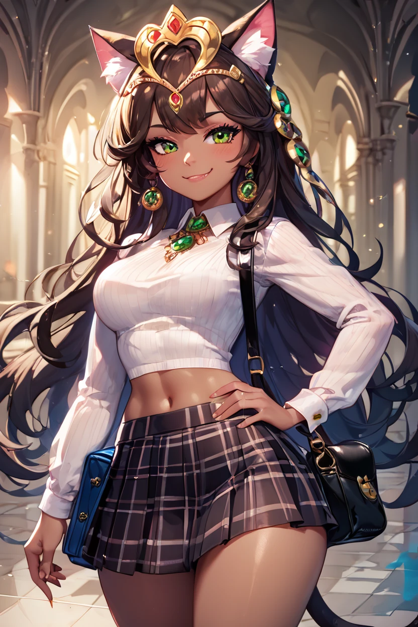 score_9, score_8_up, score_8, big breasts, (curvy), 4000 year old goddess, elegant mature cat goddess, eyelashes,       BREAK, , zzBastet, brown hair, green eyes, tiara, medium breasts,   white skirt, white crop top, medium breasts, ankle lace-up, cat ears, dark skin, jewelry, midriff, very long hair, cat tail, wide hips, hand on hip, smile, smug,   <lora:BastetPDXL:0.8>, , BREAK, closed mouth, alternate costume, smile, looking at viewer, collared shirt, blush, sweater, black skirt, eyelashes, long sleeves, sleeves past wrists, plaid skirt, shoulder bag, black bag, blurry, tile floor, pleated skirt, white shirt, cowboy shot,  embedding:zPDXL, Expressiveh,  <lora:Vivid:0.7>,  <lora:Uncensored_PonyXL_cpt_v02.09:0.4>,  <lora:Expressive_H-000001:0.4>,