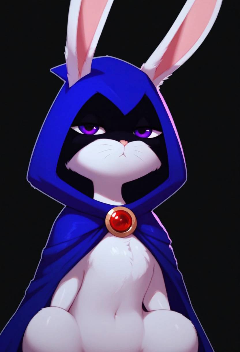 score_9, score_8_up, score_7_up, solo 1girl, solo,  Expressiveh, (BunnyRaven, bunny girl, bunny ears, whiskers, purple eyes, hooded cape, blue cape, feral), expressionless, standing, black background, female focus, looking at viewer, simple background, 4k, masterpiece, best quality, highly detailed, realistic