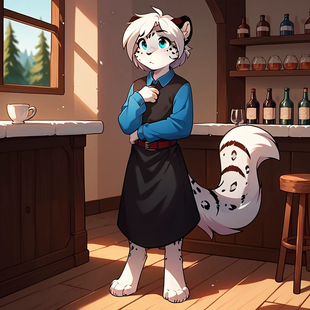 score_9,score_8_up,score_7_up,score_6_up,score_5_up,score_4_up,source_furry, maevetk, anthro, female, snow leopard, young, blue eyes, white hair, ahoge, furry,tomboy,flat chested,1girl,detailed fur, detailed tavern,  young anthro, digitigrade, barefoot, black dress, blue collar, blue sleeves, long sleeves, red belt, shy, gripping dress, <lora:37de695d-9a33-4dab-b796-c083e8af4c2c:0.7>