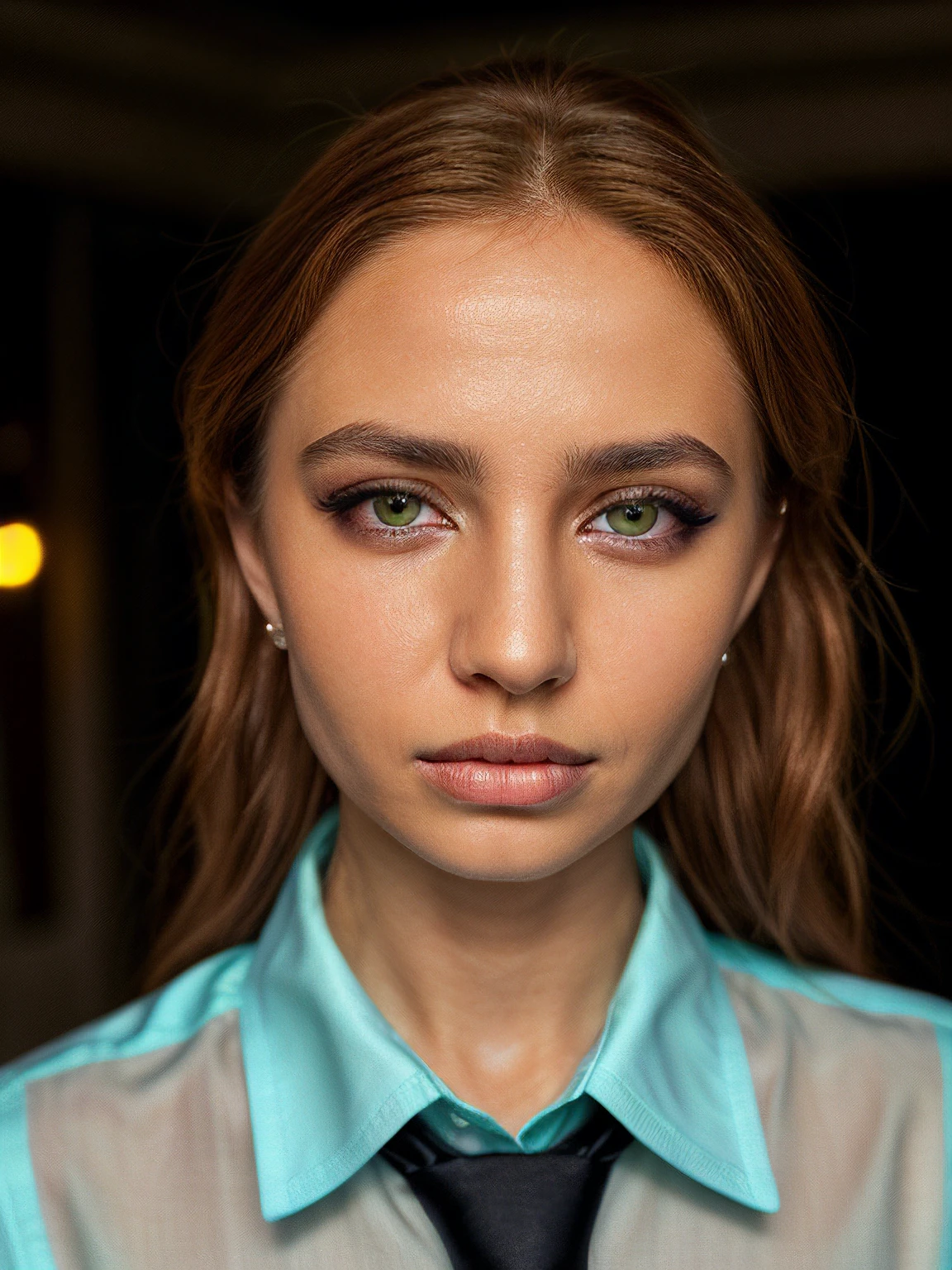 renatav, headshot,  earrings, messy hair, medium hair, , looking away, focus on eyes, detailed eyes, beautiful green eyes, eyelashes, eyeliner, pale skin, skin details, flirty, green eyes, chinese lanterns, blue, collared shirt, necktie, volumetric lighting, sharp focus, photograph, parted lips, intricate details, necklace,  focus on eyes,photograph, intricate details, <skinhairdetail>, gorgeous, film grain, grainy
