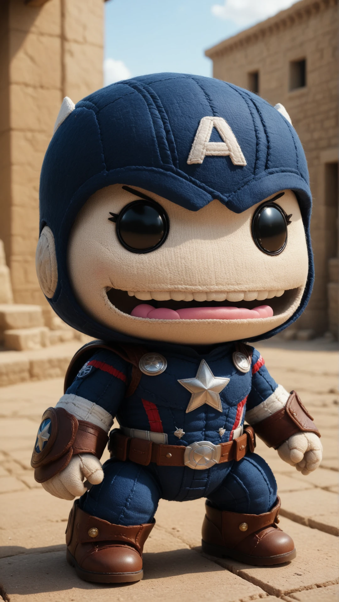 <lora:SackpeopleCharacterStyleSDXL:0.75>sackbaby Steve Rogers (Captain America) from Marvel Cinematic Universe, laughing expression, woven, stitches, stitching, in location roman city