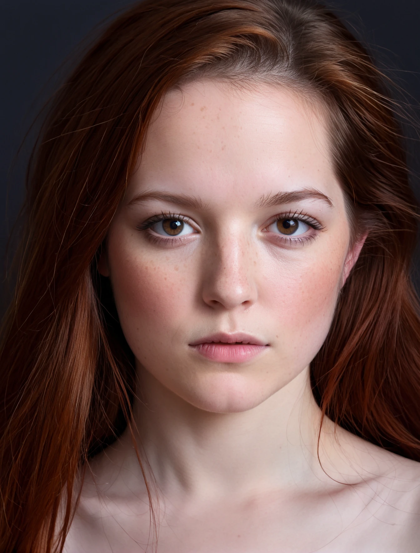 woman, pale,   tessfowl, (freckles:0.4), detailed face, portrait photography, realistic skin, realism, long hair, zoom out,  dark lighting, facing you, upper body,
photography, photograph, skin pores, skin imperfections,   <lora:test3-000015:0.8>