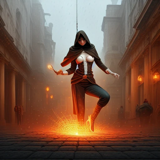 large breasts, spider web, arm belt, grenade, piercing, skyscraper, hooded cloak, bar stool, banner, abs, rope, bara, book stack, spikes, stool, pillar, clenched hands, pavement, air bubble, frilled shirt collar, detached sleeves, cracked skin, ripples, looking at viewer, rain, turban, brown jacket, petals, grass, steampunk, embers