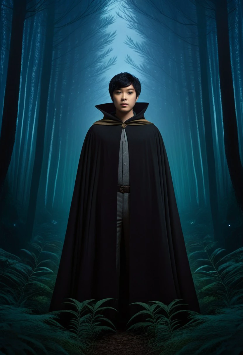 wide sleeves, nature, black hair, cape, forest, night, fantasy, 1other, ambiguous gender, facing viewer