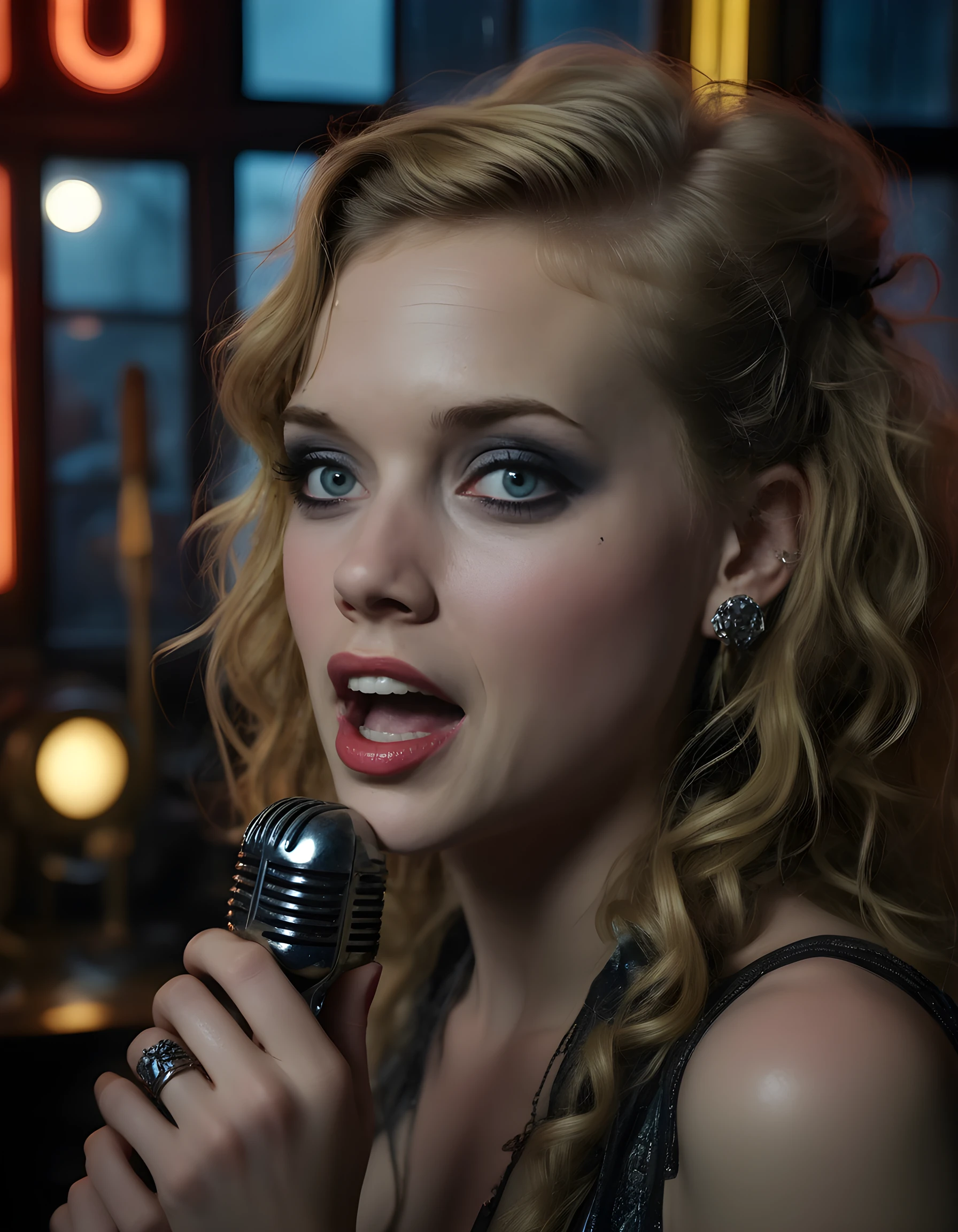 In a gritty, noir-inspired setting of dimly lit, rain-soaked streets, the camera focuses on a close-up of J4N3L3VY, a striking woman with long blonde hair cascading down her shoulders and adorned in an intricate, steampunk outfit that gleams under the flickering neon lights. Her piercing blue eyes are wide open, her full lips parted as if to sing or speak, revealing a set of perfectly aligned, dazzling white teeth. She clutches a vintage microphone tightly with one hand, her fingers adorned with elaborate rings that catch the light and cast strange shadows on her porcelain skin. The background is filled with the hazy, rain-streaked windows of an old jazz club, the music seeping through the cracks, adding a haunting melody to the somber atmosphere. The emotional tone is one of intense passion and raw emotion, capturing J4N3L3VY in the midst of an electrifying performance that resonates with both sorrow and defiance.