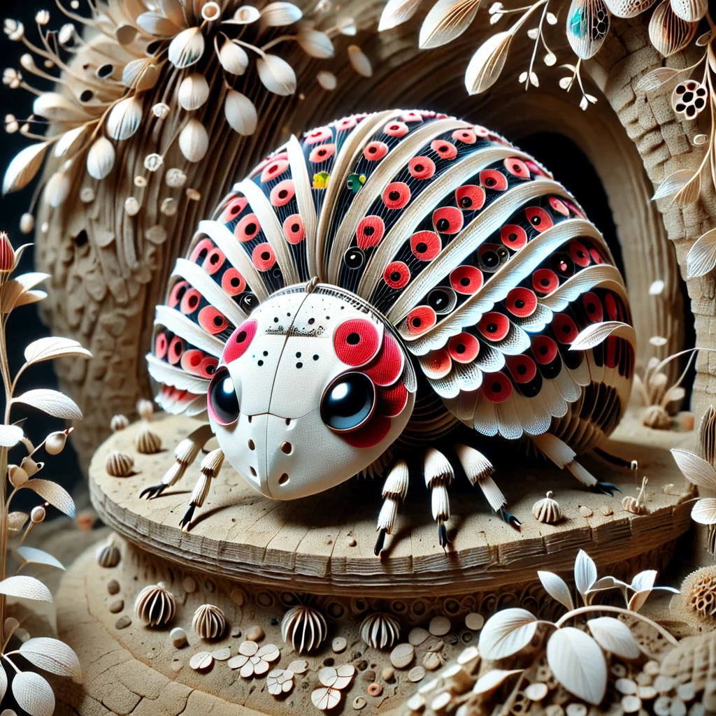 paper world morph, adorable Ladybug in deep dark cave, depth of field, detailed background, masterpiece, ludicrously detailed, <lora:paperv1.0:1.5>