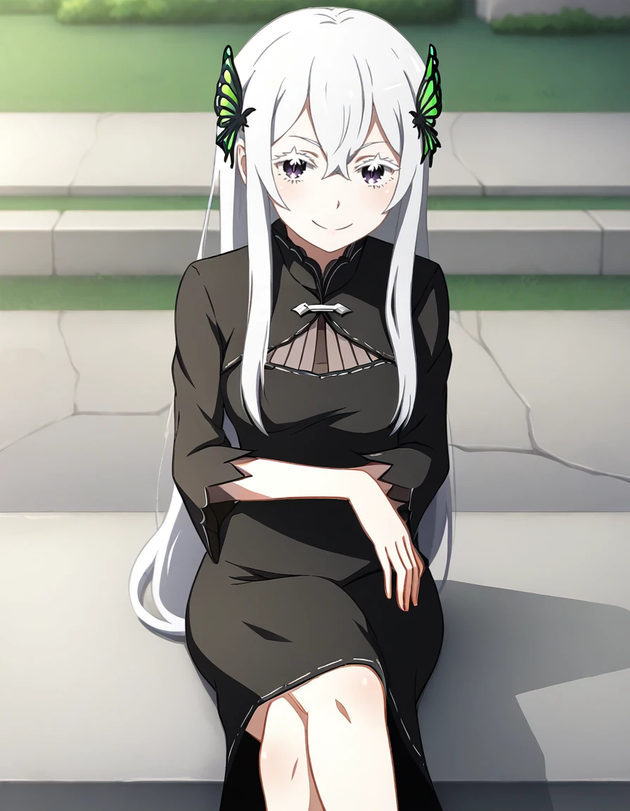 <lora:Echidna ReZero:1>, echidna rezero, 1girl, looking at the viewer, smile, green butterfly hair ribbon, black clothing, sitting, legs crossed