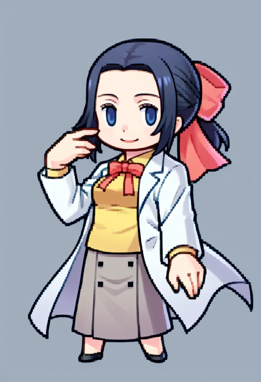 score_9, score_8_up, score_7_up, source_anime, BREAK, solo, 1girl, smile, looking at viewer,  <lora:Mari-pdxl_Fp:1>, maridesu, black hair, blue eyes, ponytail, hair ribbon, collared shirt, yellow shirt, ribbon, lab coat, grey skirt, <lora:Feh-Sprites-pdxl_Fp:1>, simple background, chibi, full body,