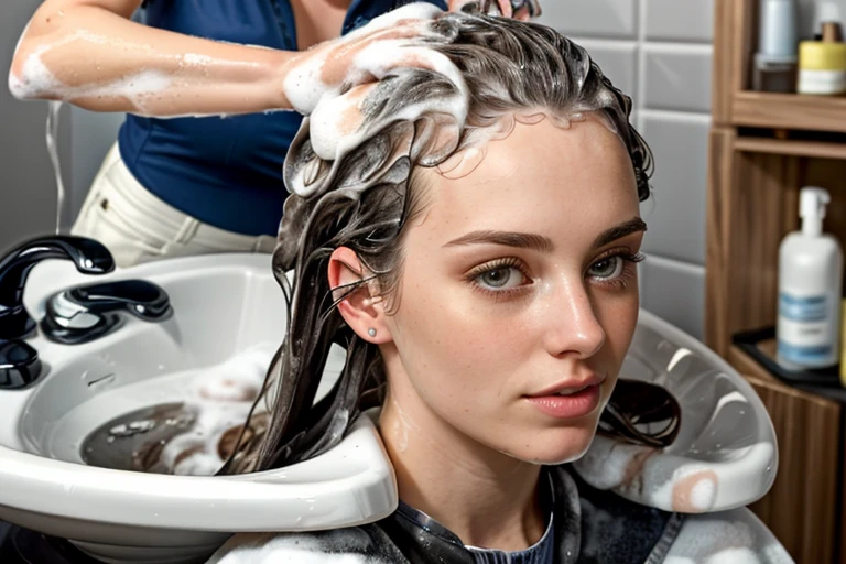 (masterpiece, high quality, best quality:1.2), ultradetailed, 8k, 1girl, ((female 29 years old Lauren Mitchell washing her hair   <lora:hairwash:0.9> )),  (Contemporary Chic hair salon)