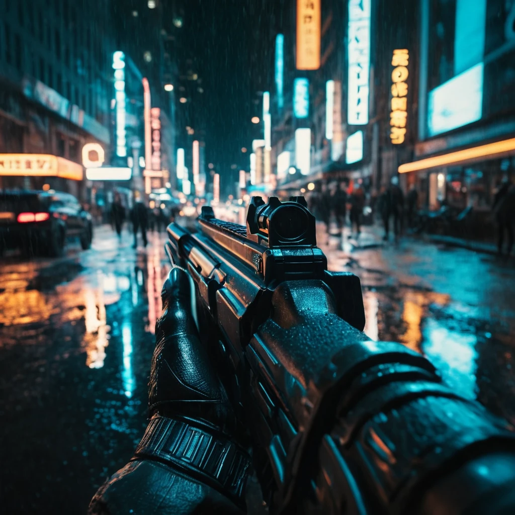 cinematic film still of  <lora:point of view style v3:0.8>
POV point of view subjective camera view of a hand of a video game character with a riflegun in a city, bodycam style, movie themed, sharp, detailed, epic, cinematic photography, artistic, dramatic light, creative, cinematic color style, Kodak film style, subjective camera, 1st person view, point of view style, outdoors, no humans, night, ground vehicle, building, scenery, motor vehicle, science fiction, rain, city, car, road, street, skyscraper, neon lights, sign, puddle, shallow depth of field, vignette, highly detailed, high budget, bokeh, cinemascope, moody, epic, gorgeous, film grain, grainy