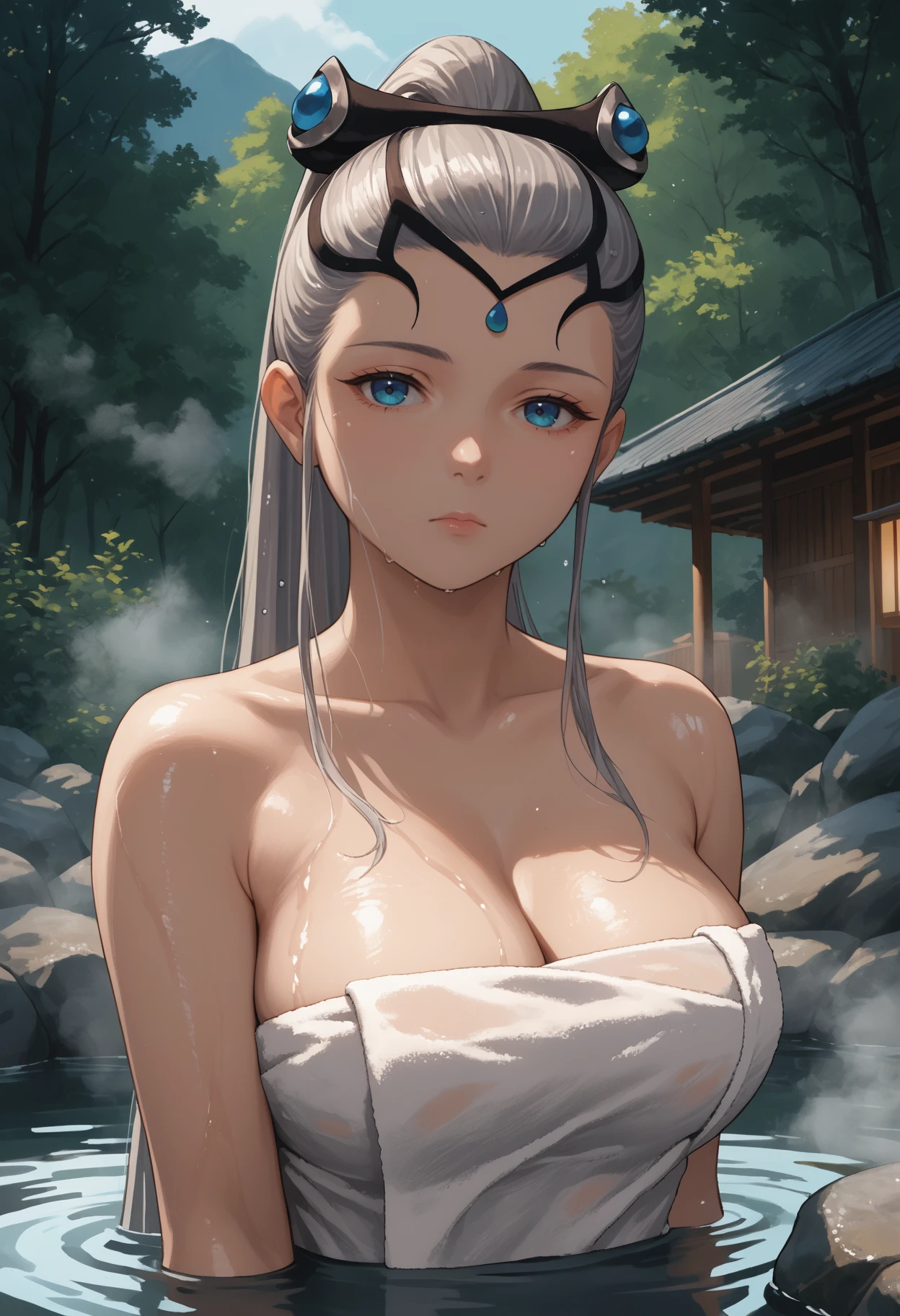 score_9, score_8_up, score_7_up, source_anime, solo, 1girl, feheir, pale skin, wet, expressionless, looking at you, onsen, ponytail, hair ornament, tiara, naked towel, cleavage, large breasts, outdoors, steam <segment:yolo-face_yolov8m.pt,0.4,0.5>