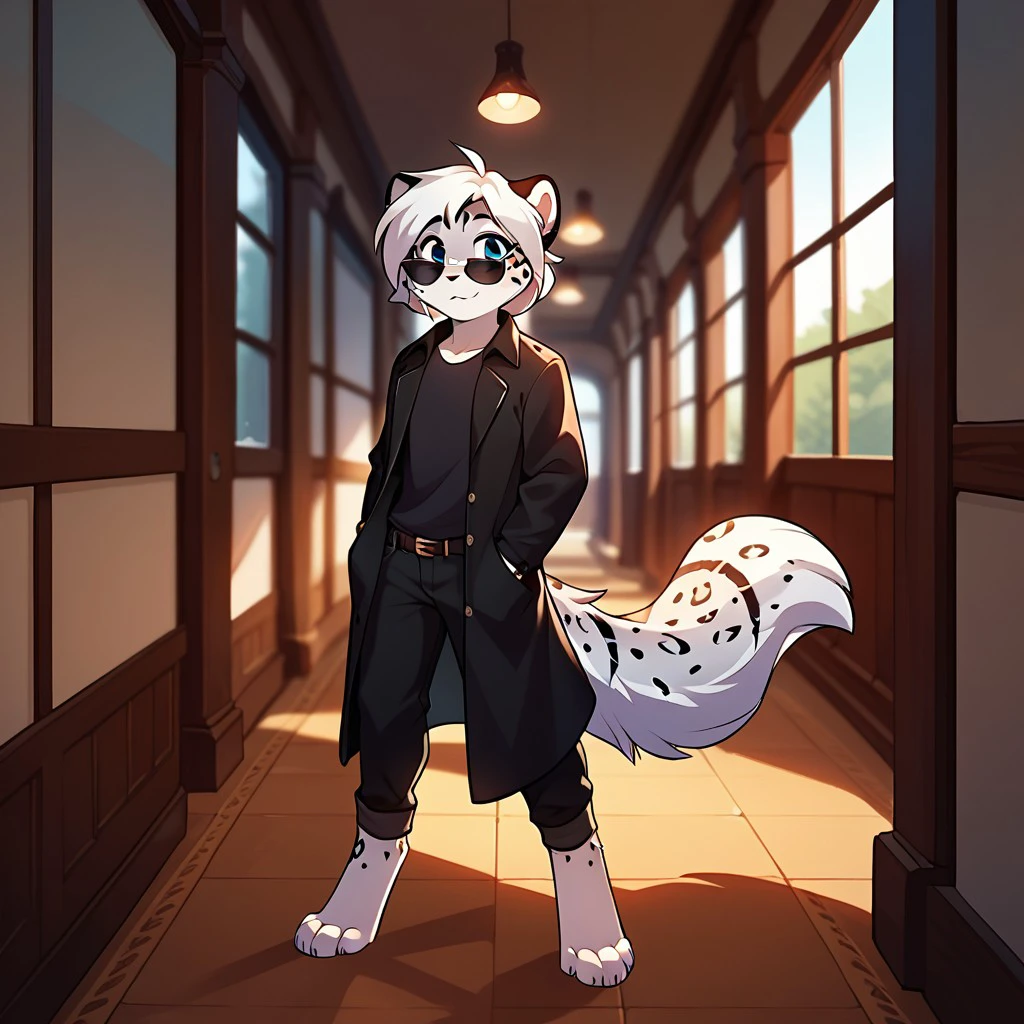 score_9,score_8_up,score_7_up,score_6_up,score_5_up,score_4_up,source_furry, maevetk, anthro, female, snow leopard, young, blue eyes, white hair, ahoge, furry,flat chested,1girl,detailed fur, detailed hallway,  young anthro, digitigrade, barefoot, standing, long black coat buttoned, black pants, black sunglasses, black shirt, <lora:37de695d-9a33-4dab-b796-c083e8af4c2c:0.7>