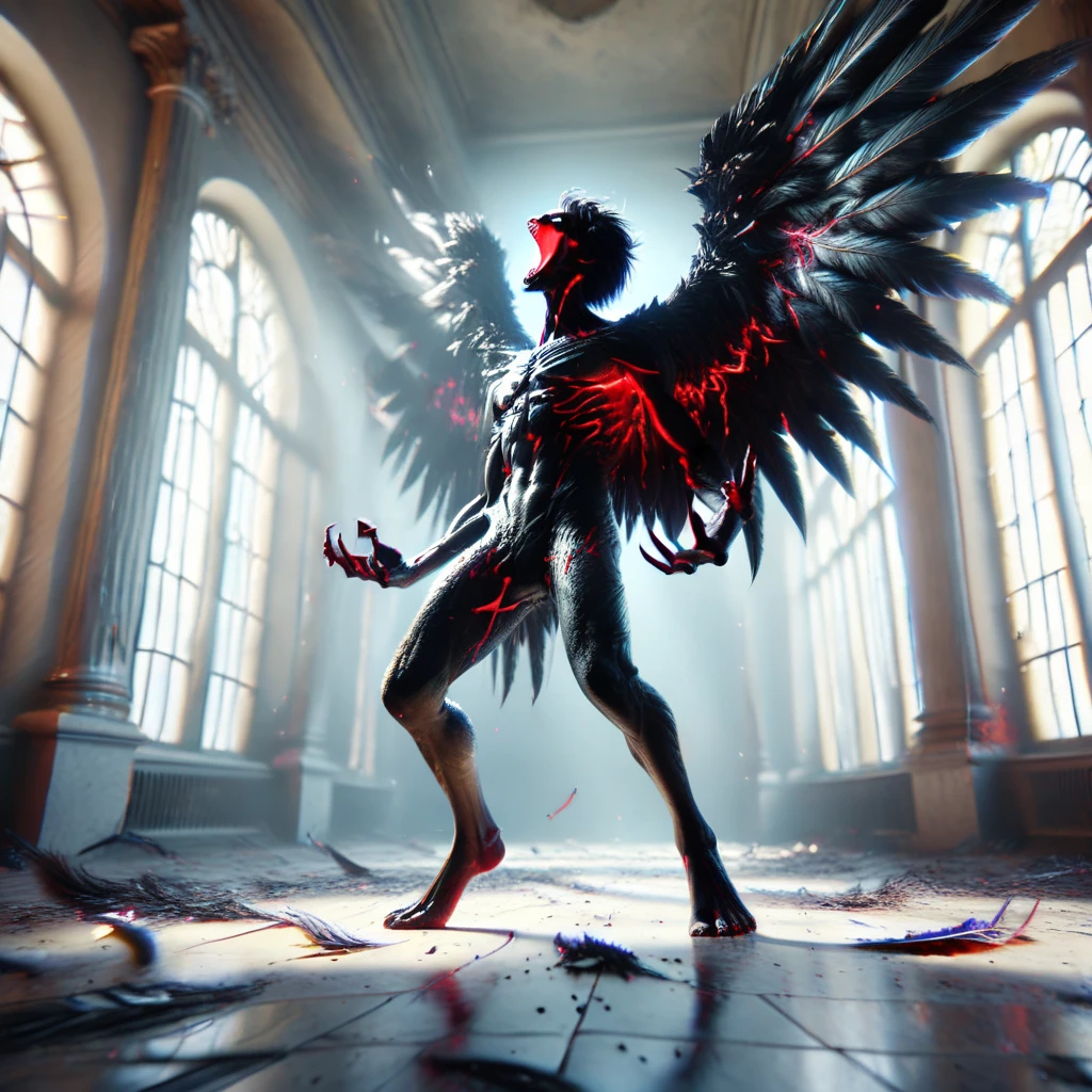 fallen angel, male focus, feathered wings, no humans, black skin, wings, solo, teeth, red bioluminescence, black wings, tail, demon tail, indoors, window, standing, colored skin, screaming, full body, outstretched arms