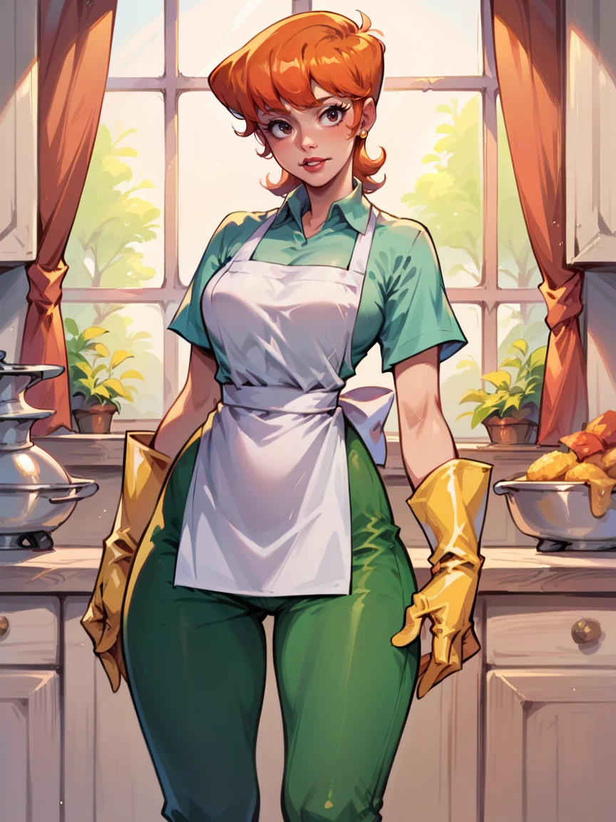 score_9, score_8_up, score_7_up, score_6_up, score_5_up, <lora:momDLXLP:1> momdl, mom_(dexter's_laboratory), gloves, apron, orange hair, pants, yellow gloves, solo