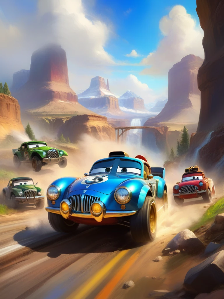 <lora:10NaturalismPainting_Hap_XL:1.5>, Thomas Moran style,oil painting,nature,landscape, game icon, cartoon character, my game name is :Stumble cars: Multiplayer Raceï¼