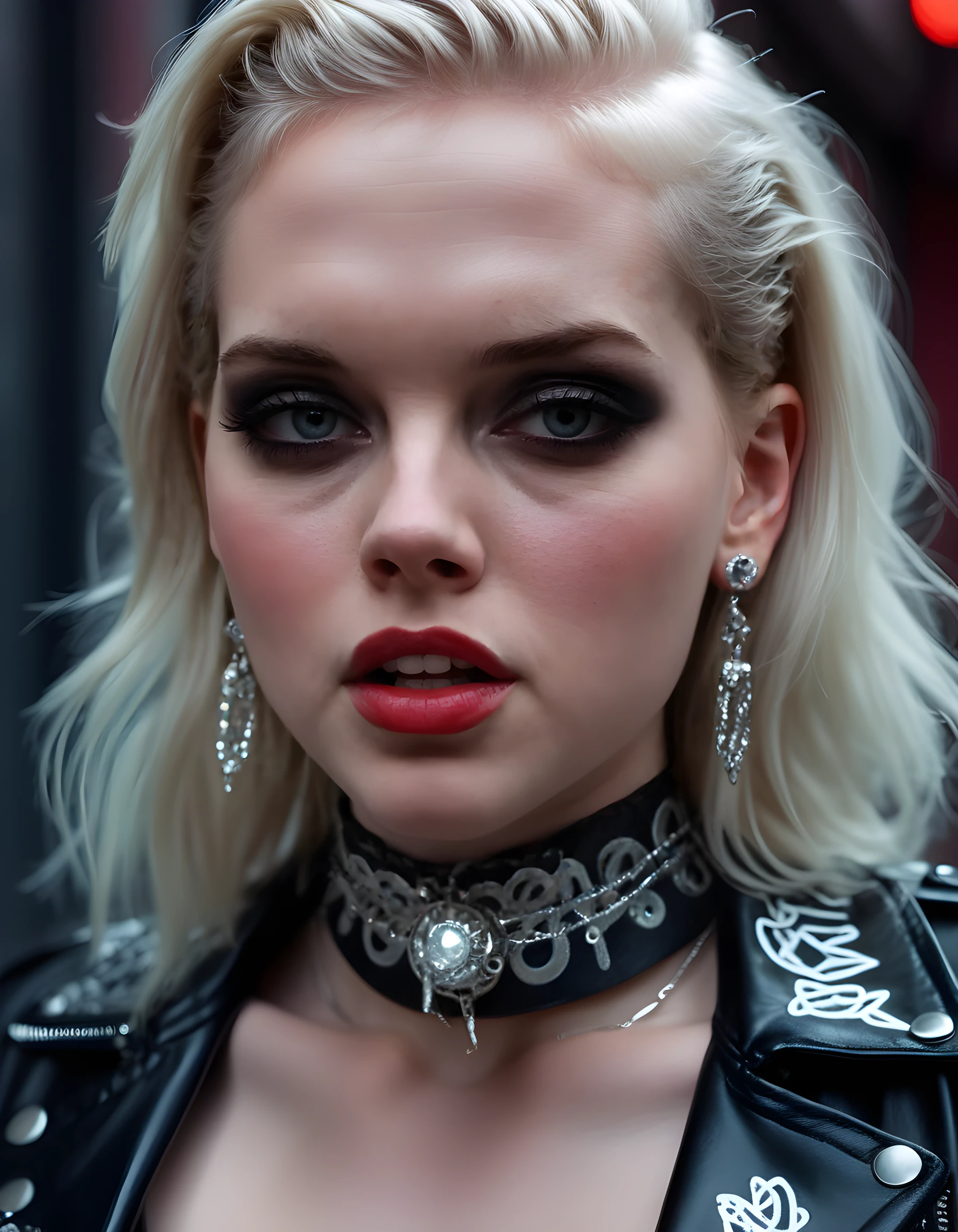 In a gritty, neon-lit alleyway of a dystopian cityscape, J4N3L3VY, a captivating woman with platinum blonde hair cascading down her back, strikes a defiant pose. Her eyes are hidden behind reflective shades, but the intense light illuminates the delicate contours of her face and accentuates her full, crimson lips slightly parted in an open-mouthed grin. A single strand of hair falls across her face, framing her flawless complexion. Her attire is a mesmerizing fusion of futuristic cyberpunk and vintage glamour: a black leather jacket adorned with intricate silver embroidery, a lace bodice corset peeking from underneath, and a glittering choker encircling her neck. A dazzling array of jewelry clings to her body, including a pair of massive silver earrings that catch the light, and a series of interlocking rings on her fingers. The image is captured in a close-up portrait from below, emphasizing the dramatic eye makeup, her piercing gaze, and the tiny diamond studs decorating her lips, all contributing to an emotional tone of rebellious confidence and unapologetic self-expression.