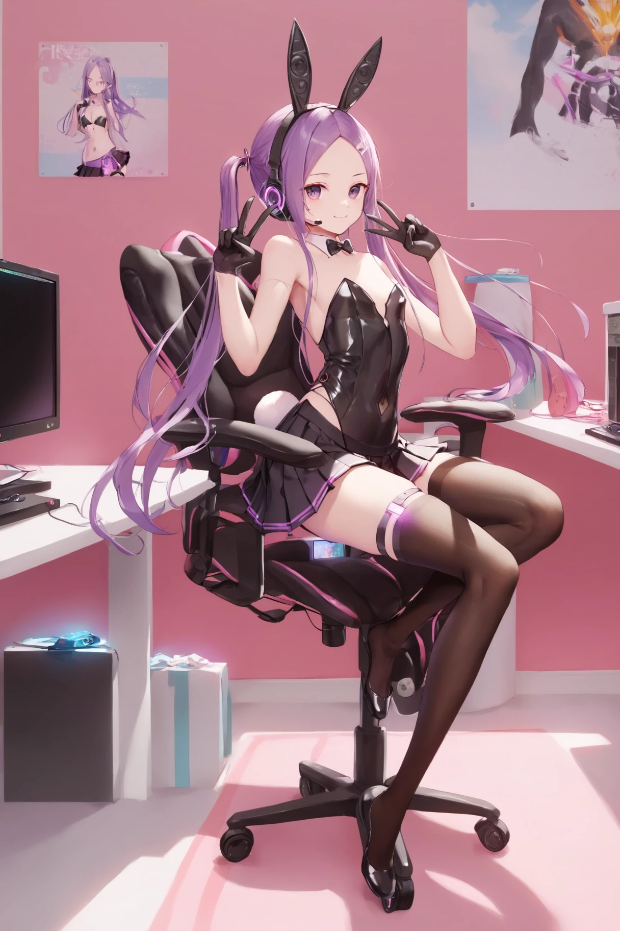 (nsfw:1), (Uncensored:1),
score_9, score_8_up, score_7_up, score_6_up, very detailed illustration,
 <lora:LoChan_Pony_V1:0.95>purple eyes, forehead, purple hair, long hair, twintails, rabbit ears, rabbit hairpin, 
detached collar, bowtie, choker, bare shoulders, 
Shiny clothes, electric lights, light paint,
playboy bunny, black leotard, strapless leotard, zipper, covered navel, 
half gloves, tattoo,
black pantyhose, thigh strap, 
peace sign, double peace sign,smile,
((Black Mini skirts:1.5, pleated skirts, Shiny skirts:1.5))
cyber pank, what, Neon lights, neon signs, holographic interface, neon trim, hologram, gameplay mechanics,  science fiction, laser, 
Streamer room, gaming chair, gaming PC, game equipment, controller, TV monitor, PC monitor, headphones, headset, anime poster, game poster,
full body, very long legs,