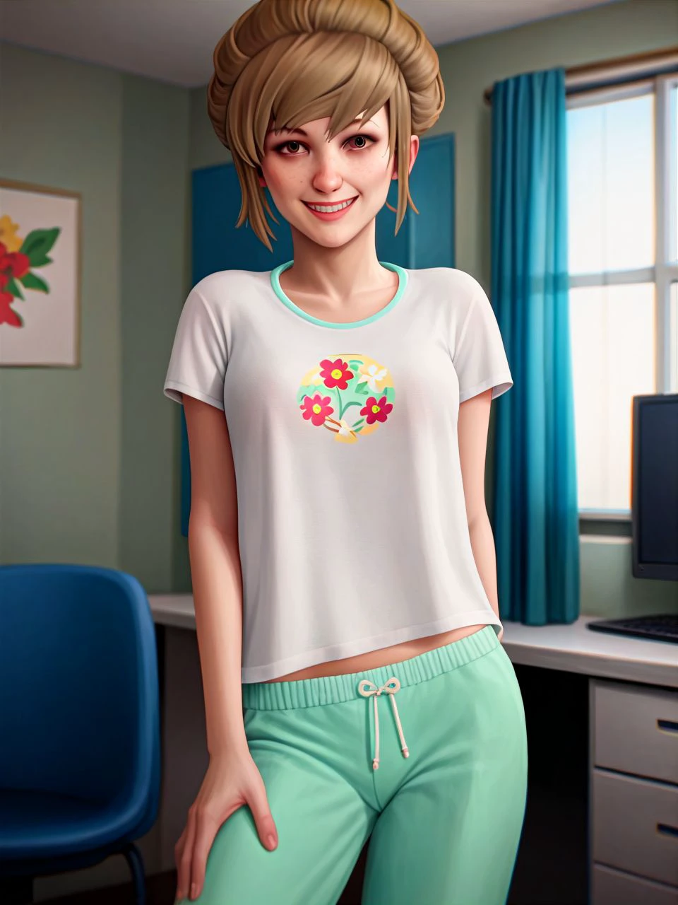 PonyXLV6_Scores, suburban home, indoors, 1girl, solo, facing front, looking at viewer, standing, contrapposto, hand on thigh, hand behind back, legs apart, cowboy shot, smile, <lora:kateLIS_PDXL:1> katelis, petite female, light brown hair, hazel eyes, pajamas, white shirt, green pants, drawstring,