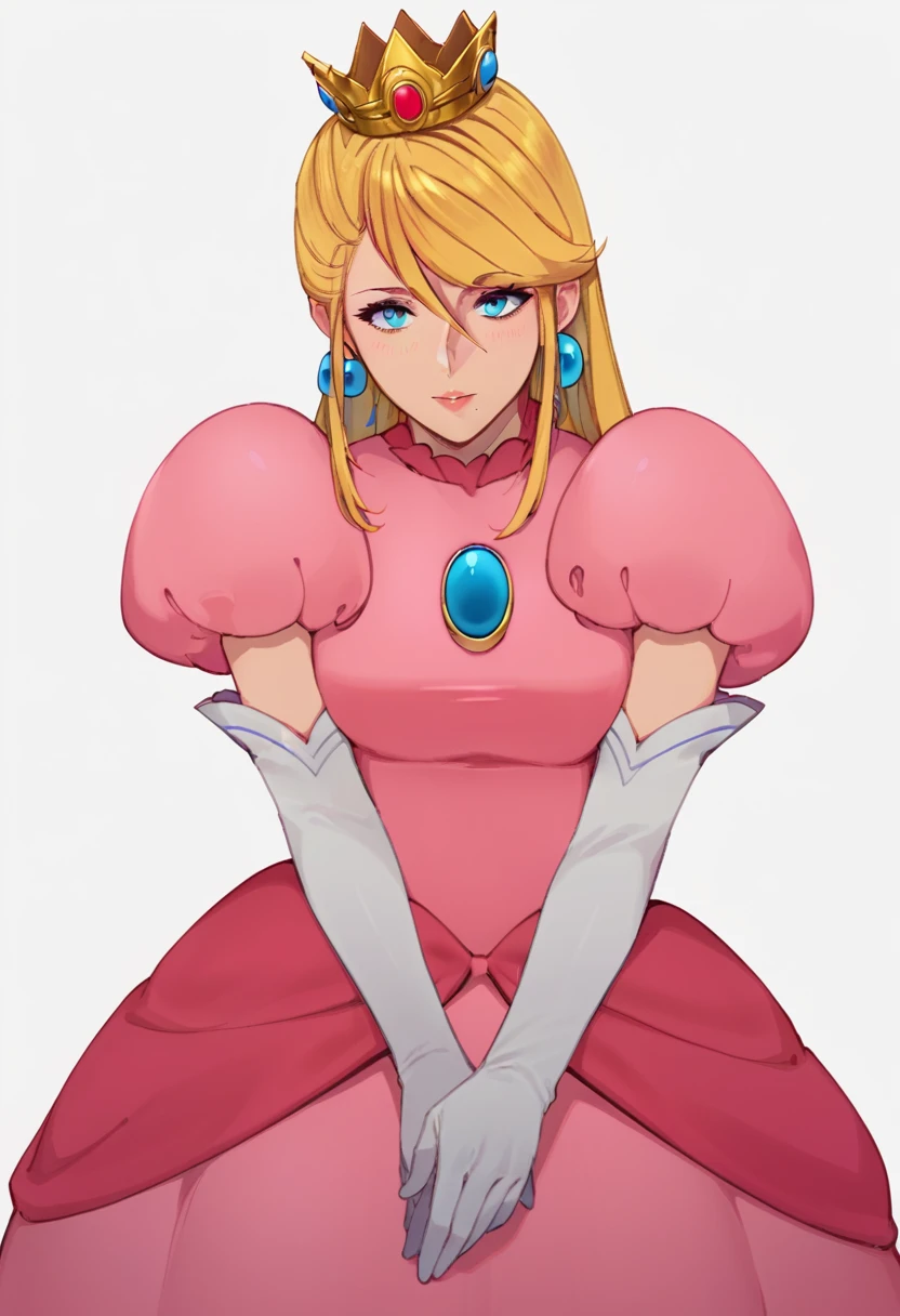 score_9, score_8_up, score_7_up, BREAK 1girl, samus aran, p34ch3s-dress, cosplay, crown, blue earrings, jewelry, pink dress, elbow gloves, white gloves, looking at viewer, cowboy shot, simple background, white background <lora:PrincessPeachCosplay-PDXL-09:1.1>