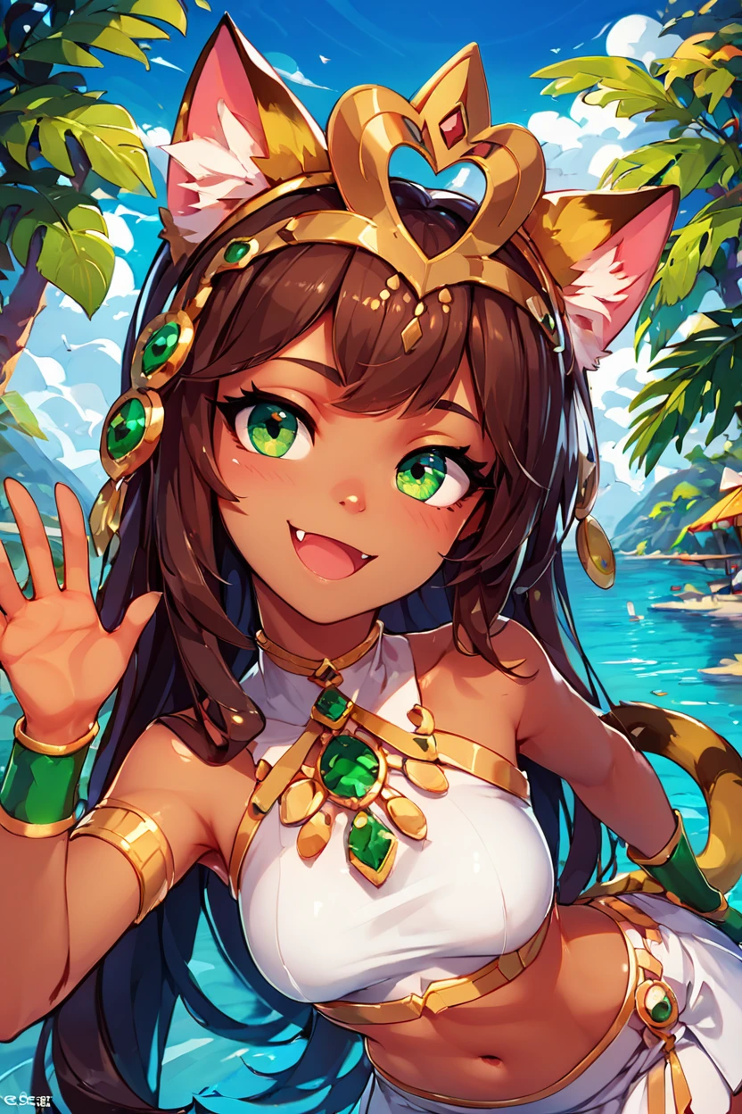 score_9, score_8_up, score_8, medium breasts, (curvy), cute, eyelashes,       BREAK,  zzBastet, brown hair, green eyes, tiara, medium breasts,   white skirt, white crop top, cat ears, dark skin, jewelry,  very long hair, cat tail, smile, waving, fang,   upper body, leaning forward, head tilt,   BREAK,  smile, looking at viewer,  outdoors, water, hand on hip, plant, contrapposto,   embedding:zPDXL, Expressiveh,   <lora:BastetPDXL:0.8>,  <lora:CatalystStylePDXL:0.6>,  <lora:SDXLFaeTastic2400:0.5>,  <lora:Expressive_H-000001:0.4>,