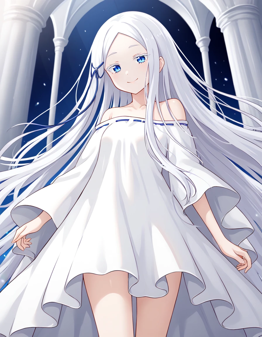 <lora:Pandora:1>, pandora rezero, smile, white dress, off shoulder dress