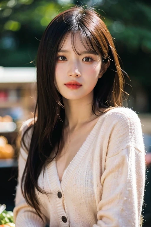 masterpiece, best quality, ultra-detailed, ultra high res, (photorealistic:1.4), raw photo, (realistic:0.2), 8k HDR, realistic lighting, looking at viewer, 1girl, solo, asymmetrical hair, outdoor, sky, (traditional market:1.2), bokeh, (detailed lips), (detailed pores), (detailed skin textures), (detailed face:1.2), (body:1.2), a woman in a cardigan, cowboy shot,