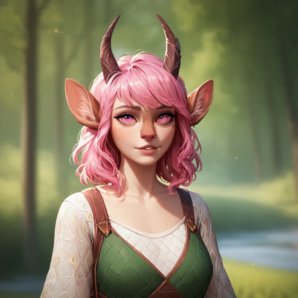 (((detailed, beautiful, high quality))), upper Body, score_9, score_8_up, score_7_up,
satyr, faun, horns, animal ears, deer horns, 1girl, pink hair, pink eyes, green medieval top, fingerless gloves, 
looking at the viewer, posing, blurred background, blurred fantasy background,