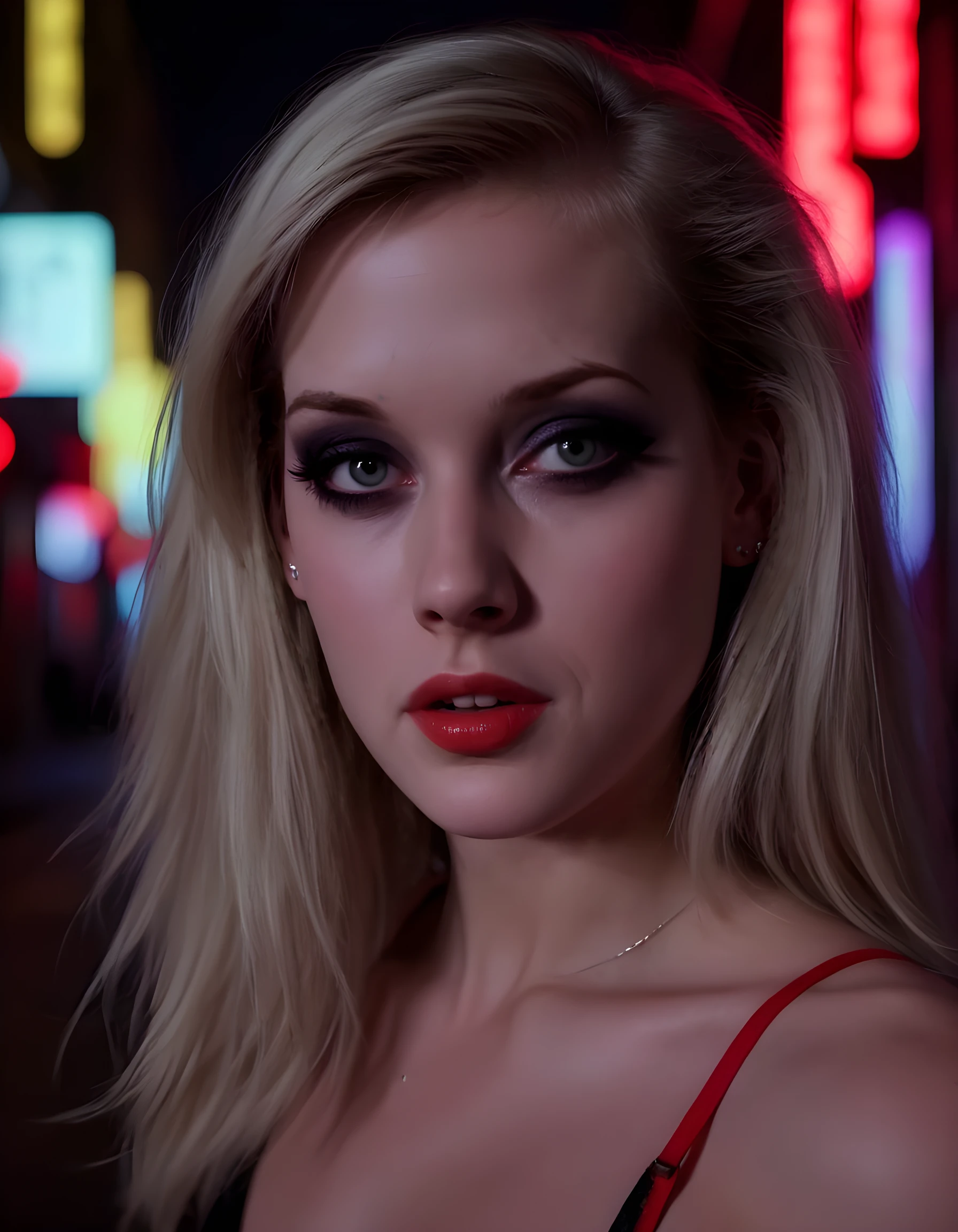 In a gritty, urban noir setting of neon-lit alleyways, the enigmatic J4N3L3VY stands before us, her striking visage framed in a hauntingly beautiful, close-up portrait. Her long, platinum blonde hair cascades down her shoulders, contrasting sharply with her dark, moody environment. The vibrant neon lights of the city flicker behind her, casting an eerie glow on her face. Her piercing brown eyes, rimmed with heavy eyeliner and a touch of smoky shadow, lock onto the viewer's soul. Her lips, painted a bold, blood-red, are slightly parted as if to whisper a secret only understood by those who dare to look deeper. The image is captured in a blurry yet vivid style, adding to the dreamlike quality of the scene and further emphasizing J4N3L3VY's mysterious allure.