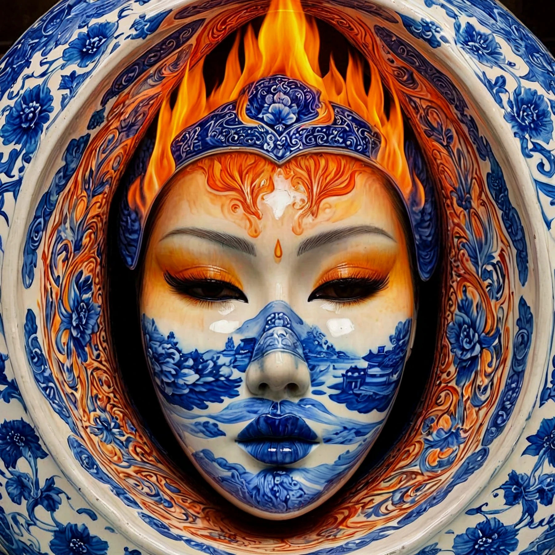 highly detailed. Vivid.

Inside a fiery kiln where flames burn brightly. A blue china face. Delicate china. 

<lora:Visage01-03_CE_SDXL:0.7>