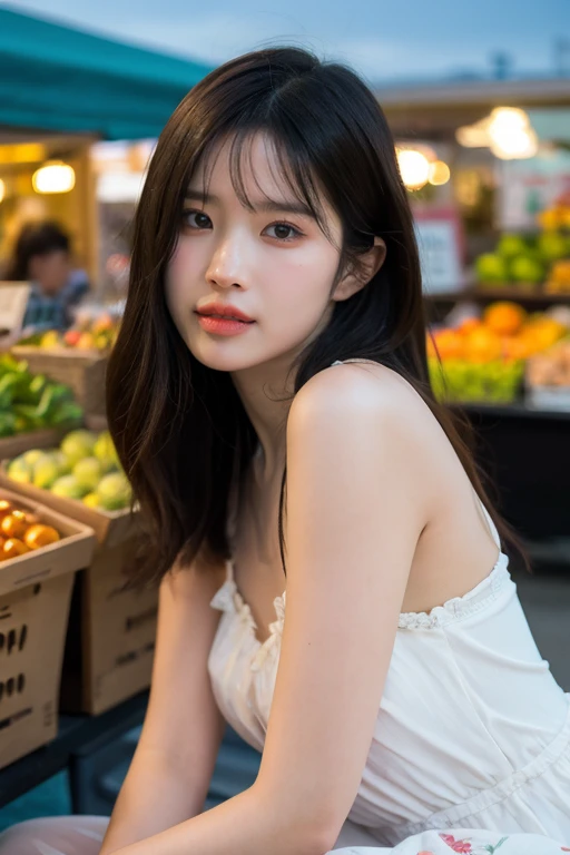 masterpiece, best quality, ultra-detailed, ultra high res, (photorealistic:1.4), raw photo, (realistic:0.2), 8k HDR, realistic lighting, looking at viewer, 1girl, solo, asymmetrical hair, outdoor, sky, (traditional market:1.2), bokeh, (detailed lips), (detailed pores), (detailed skin textures), (detailed face:1.2), (body:1.2), a woman in a sundress, cowboy shot,