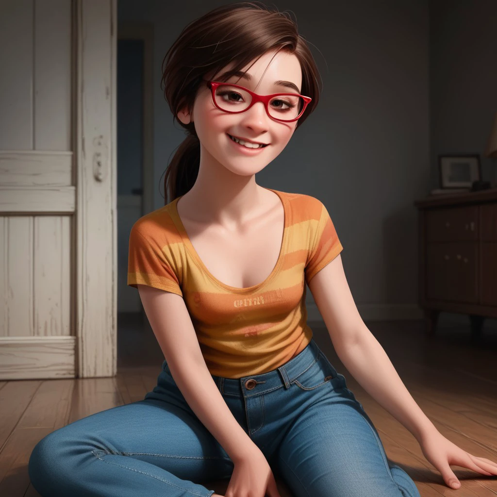 score_9, score_8_up, score_7_up, score_6_up, score_5_up, score_4_up, rating_explicit, 1girl, Ji_llA, red framed eyewear, ponytail, small smile, sitting on the floor, small saggy breasts, cleavage, jeans, large hips,